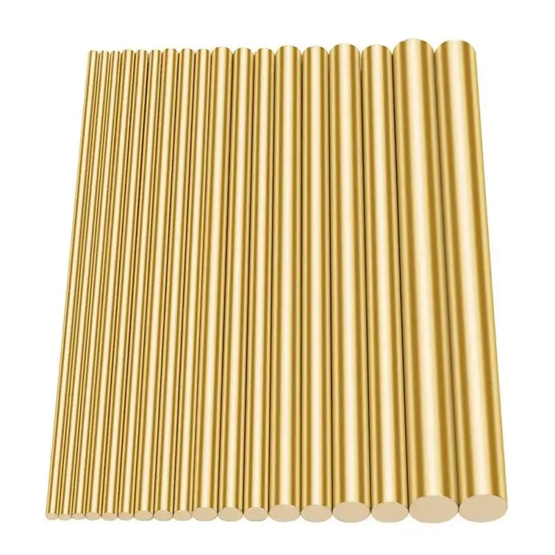 A row of polished brass bar rods used for DIY and wire work.