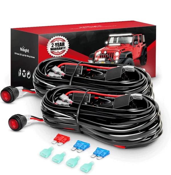 A black LED wiring harness kit for a vehicle is shown next to its packaging box.