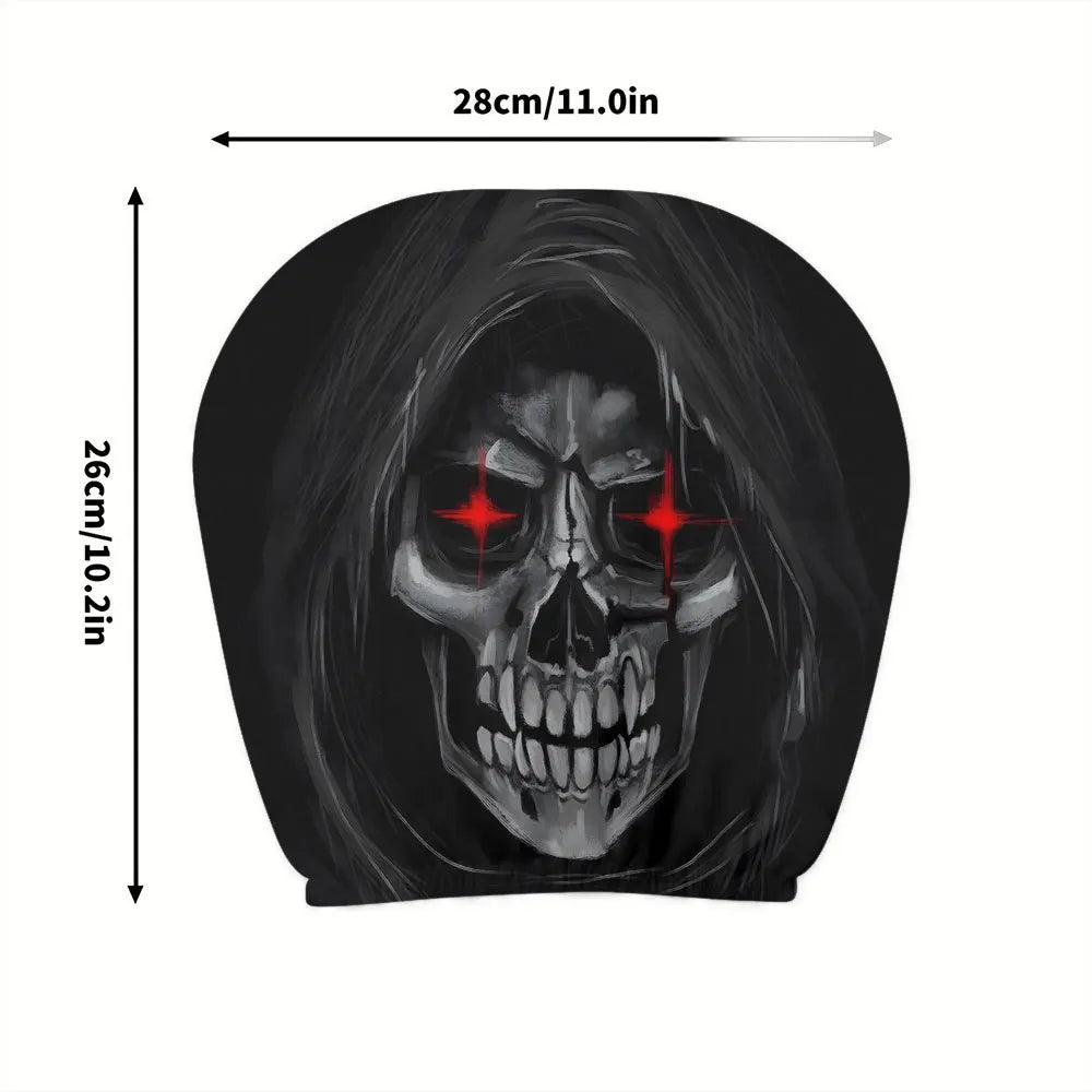Cubierta protectora para cabezal con calavera negra y ojos rojos brillantes.