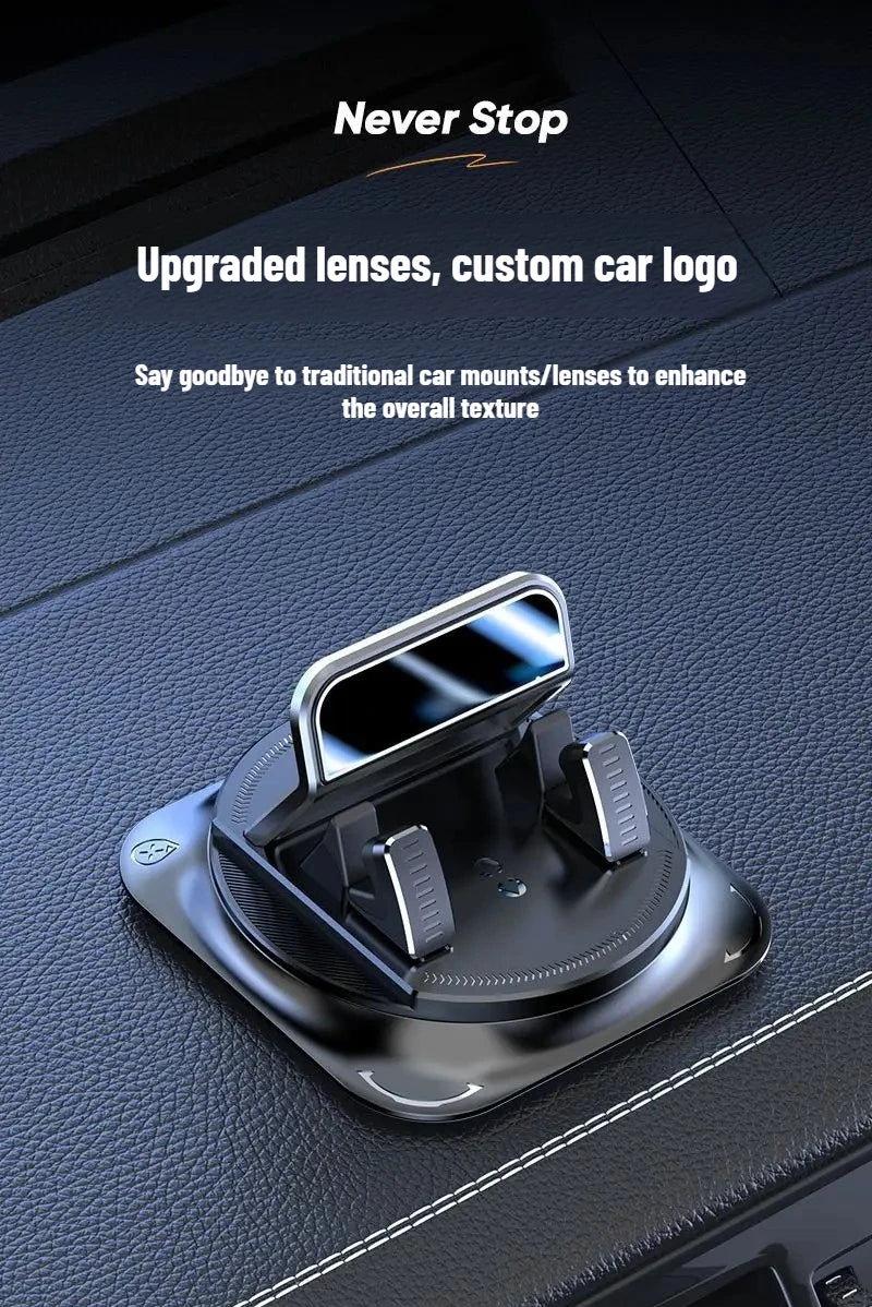 Nahaufnahme eines schwarzen 360-Grad-drehenden Handy-Mount für Auto mit verbesserten Linsen und individuellen Autologos.