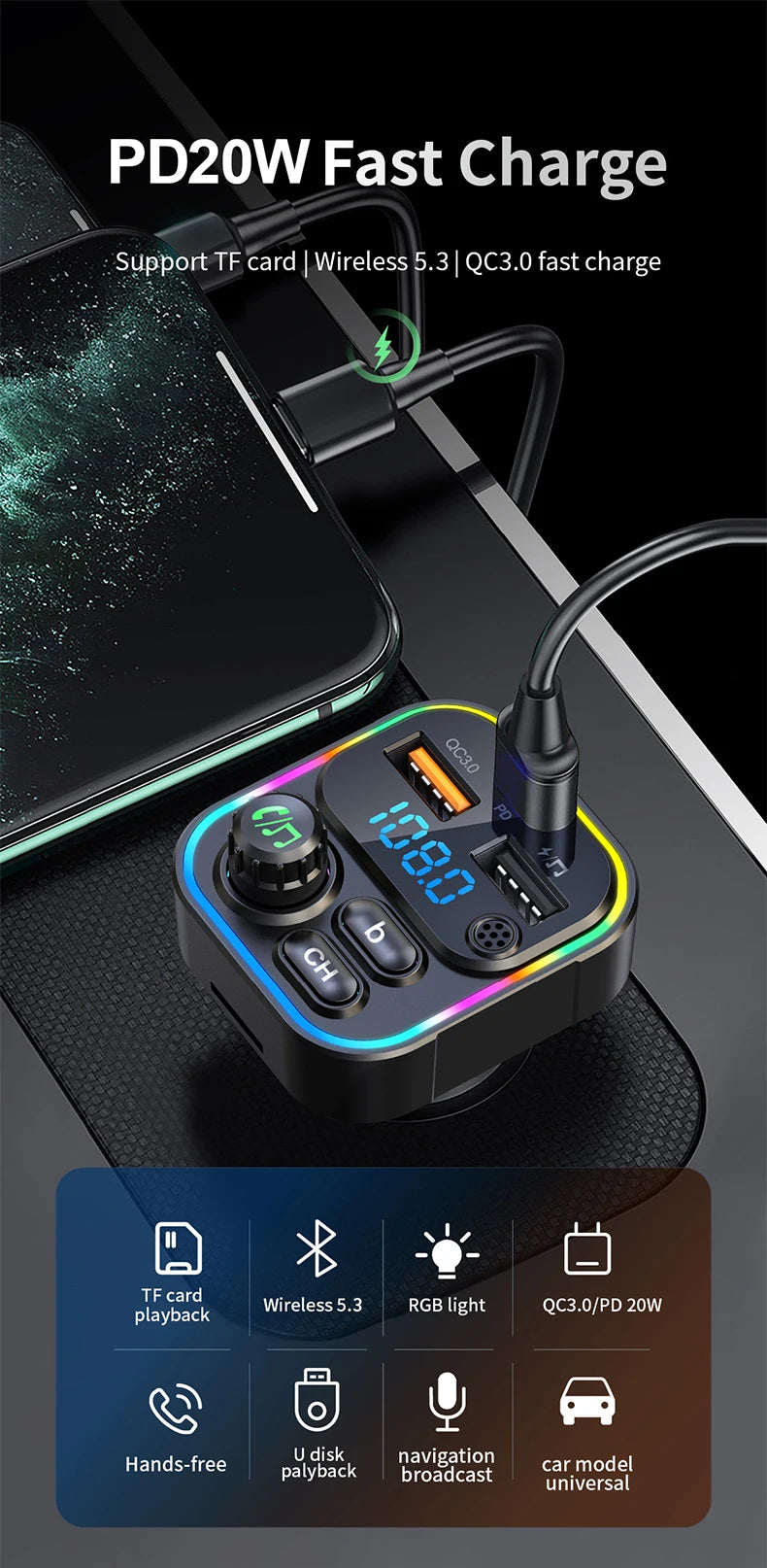 A portable PD20W fast charger device is shown with various features like TF card playback, wireless charging, and QC3.0 outpu