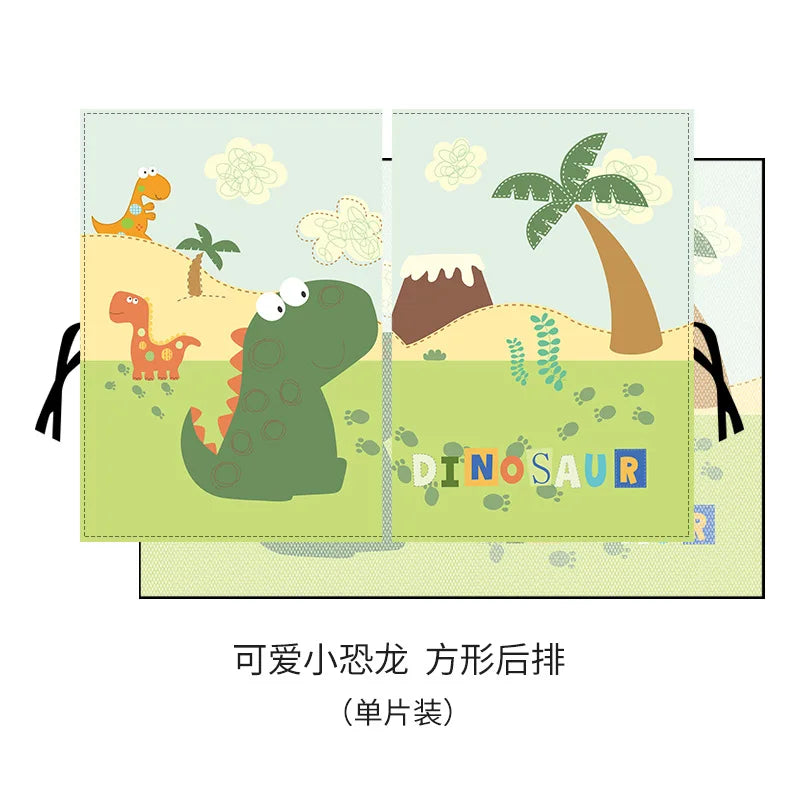 A set of magnetic car window shades featuring dinosaur designs and a built-in mosquito net.