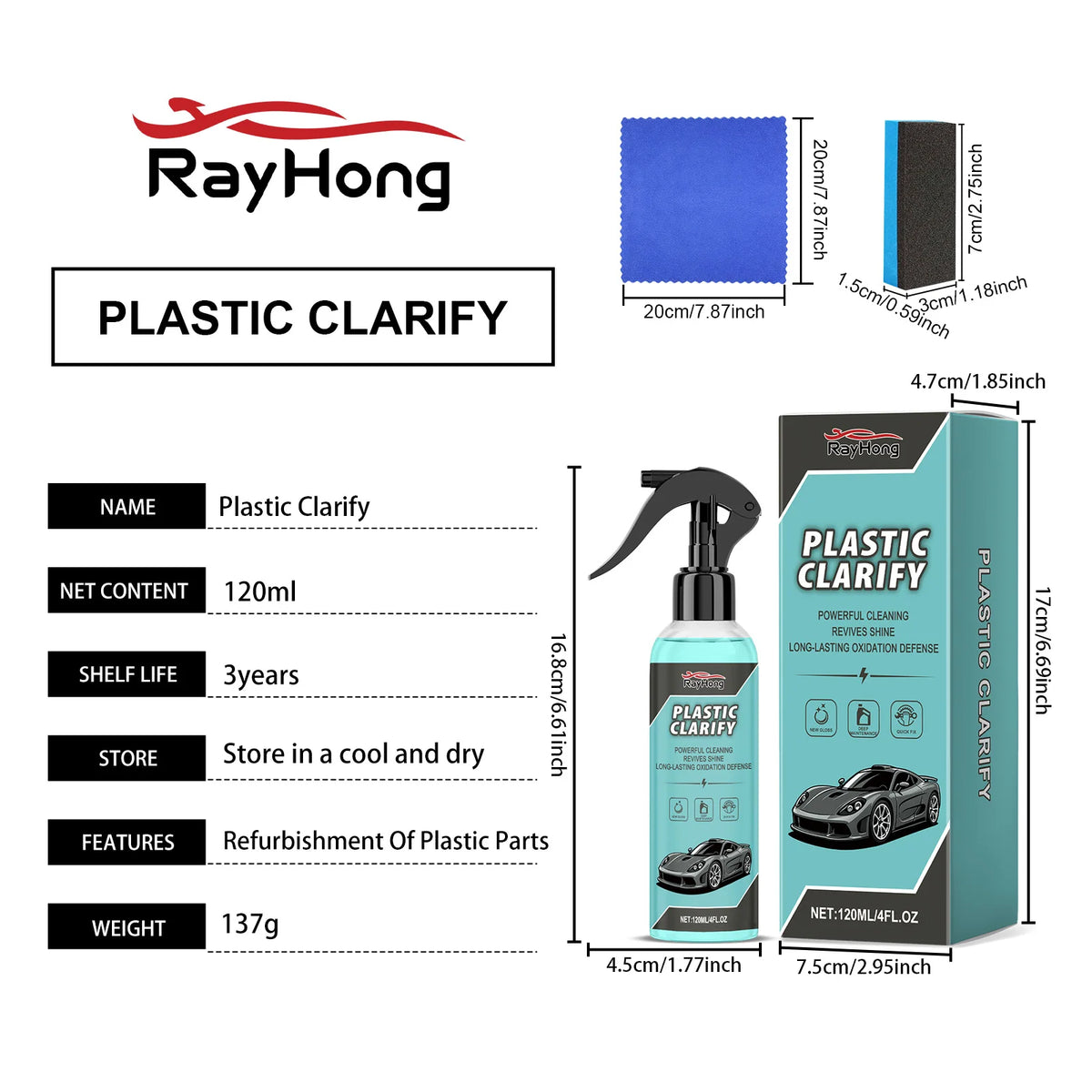 Spray bottle of Plastic Clarify product with various plastic parts and color samples shown.