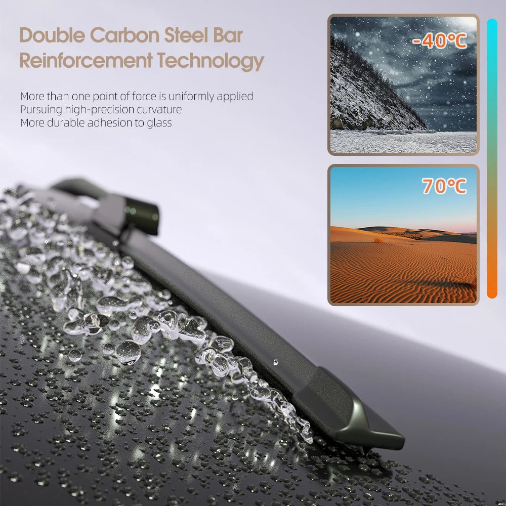 A close-up of a carbon steel bar reinforcement technology wiper blade applying pressure to a windshield.