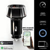 A black universal car phone charger and GPS tracker device shown with compatibility features.