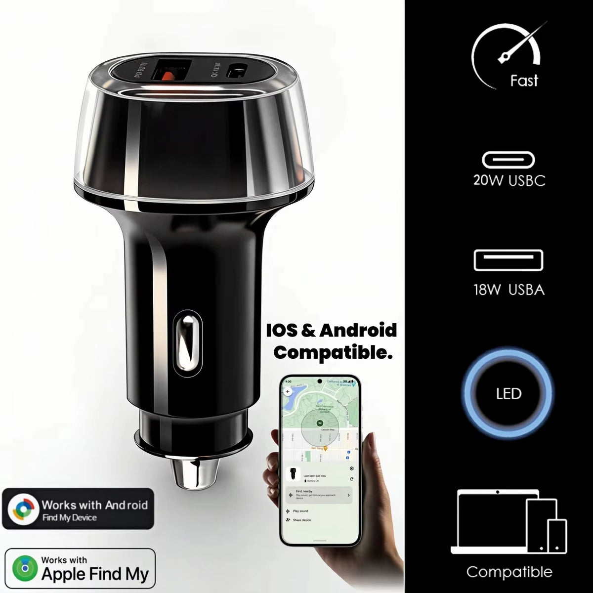 A black universal car phone charger and GPS tracker device shown with compatibility features.