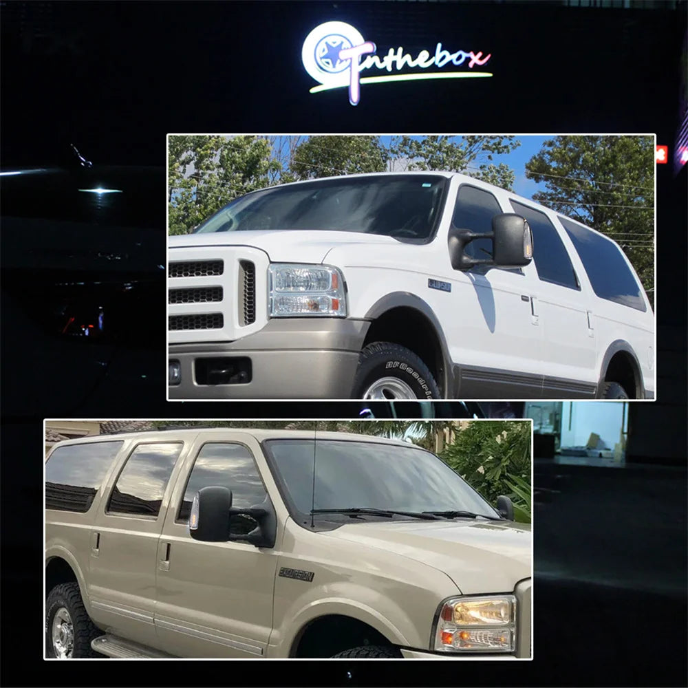 Camion Ford Super Duty blanc avec feux indicateurs de marquage LED ambre sur les rétroviseurs latéraux.
