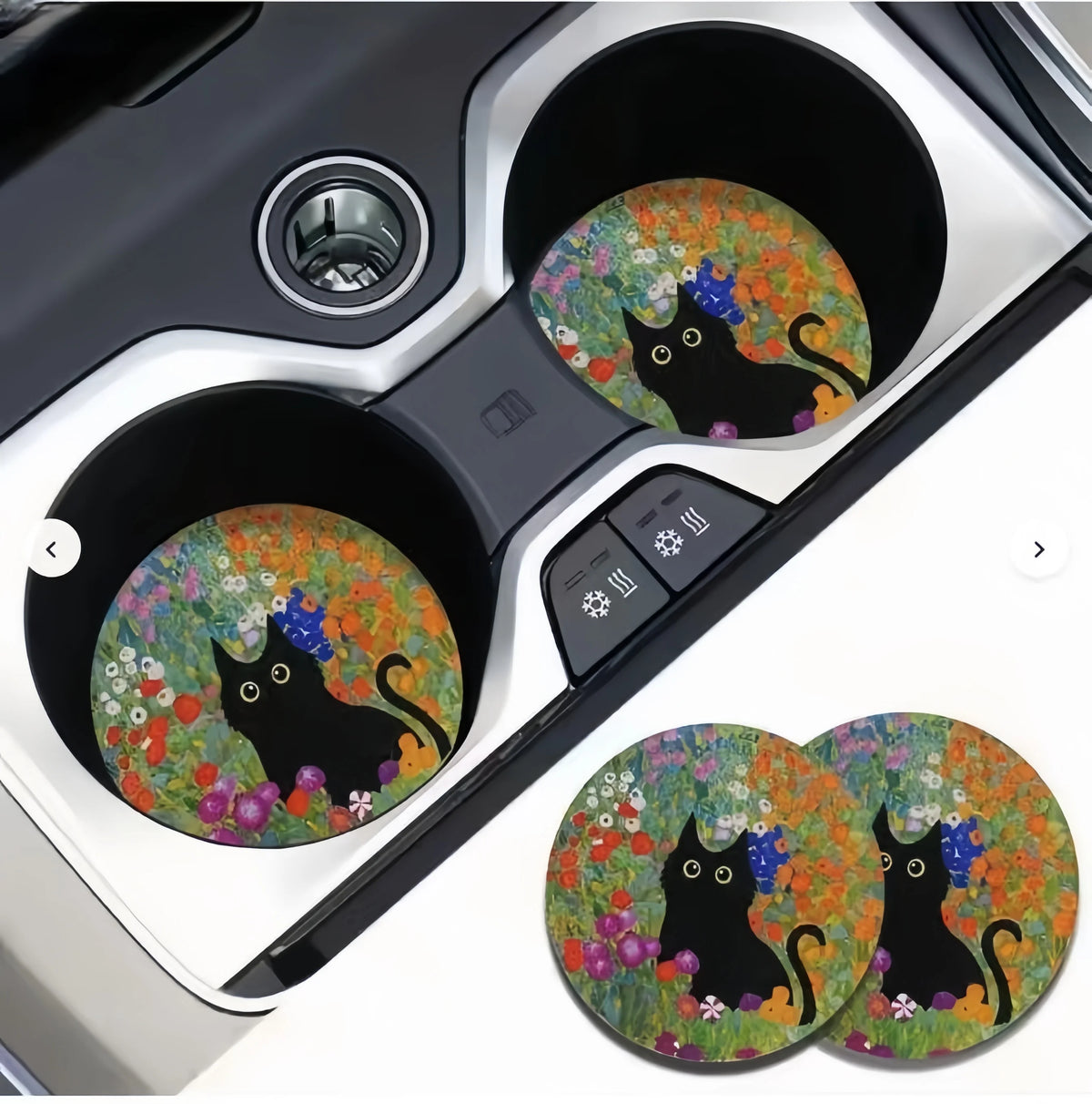 Dos portavasos para coche antideslizantes con diseño de gato negro y flor cutes.
