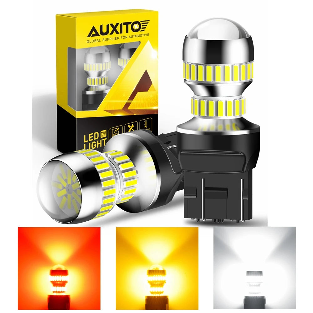 A set of universal LED bulbs for automotive lights, shown in packaging and installed in a headlight assembly.