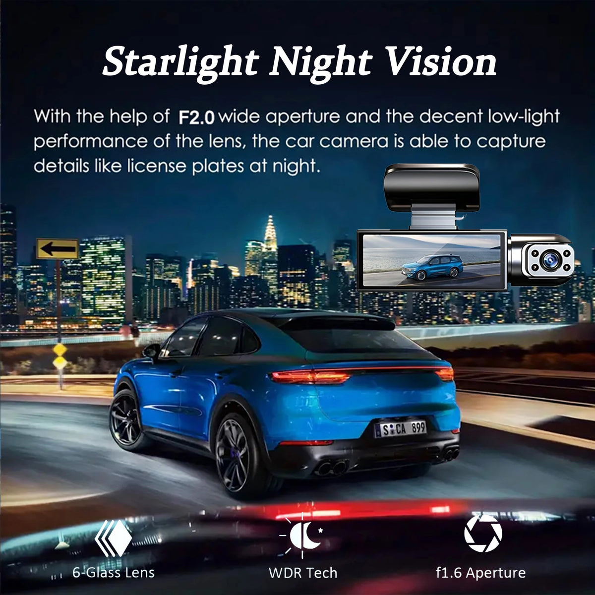 A blue car is driving at night, captured by a camera demonstrating Starlight Night Vision features.