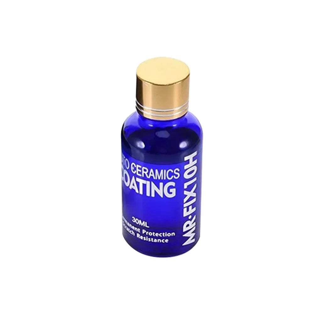 A dark blue bottle with a gold cap containing ceramic coating liquid for car paint protection.