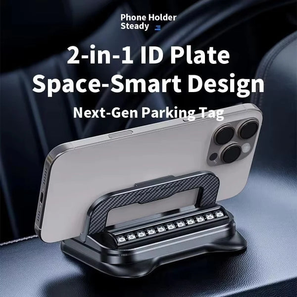 A 2-in-1 ID Plate Space-Smart Design phone holder is shown mounted on a car interior surface.