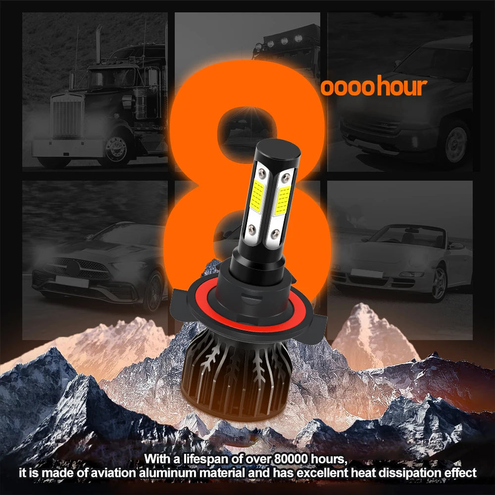 Gros plan d'une ampoule de phare LED COB 360° avec un ventilateur de refroidissement monté sur un boîtier en aluminium.