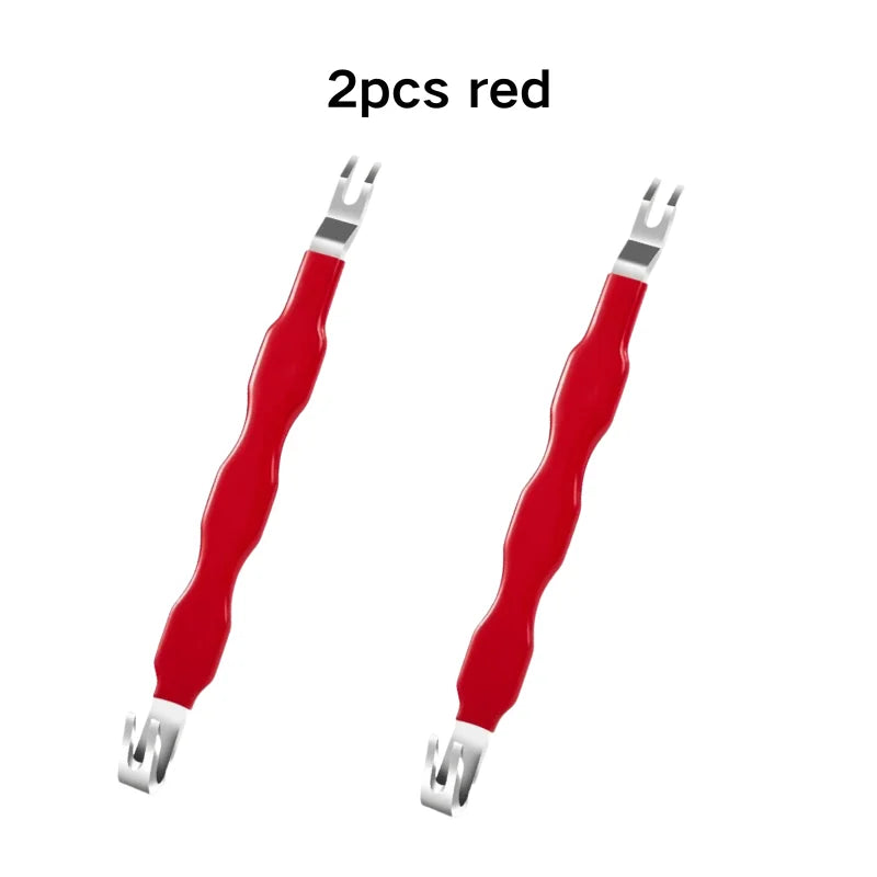 A pair of red universal electrical terminal connector removal tools.