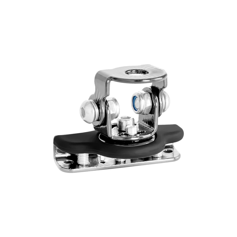 Silver mounting brackets for a universal LED light bar, featuring a clamp and base plate.