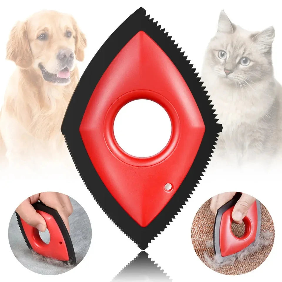Rotes wiederverwendbares Bürsten-Kamm für Tierhaare, gezeigt mit Hund und Katze sowie eine Nahaufnahme des Werkzeugs.