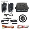 A set of remote engine start and keyless entry car alarm system components including a fob, battery, and wiring harness.