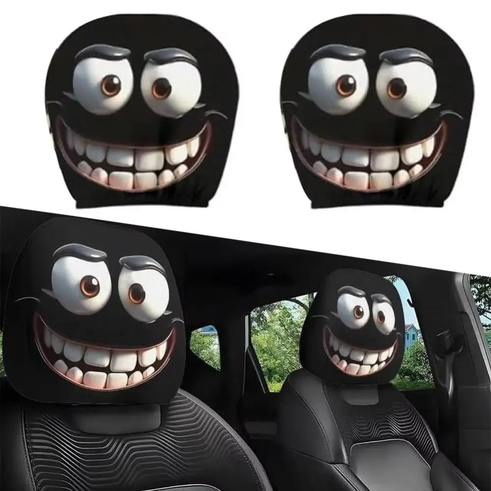 Black decorative pattern car seat headrest covers shown in close-up and installed in a vehicle interior.