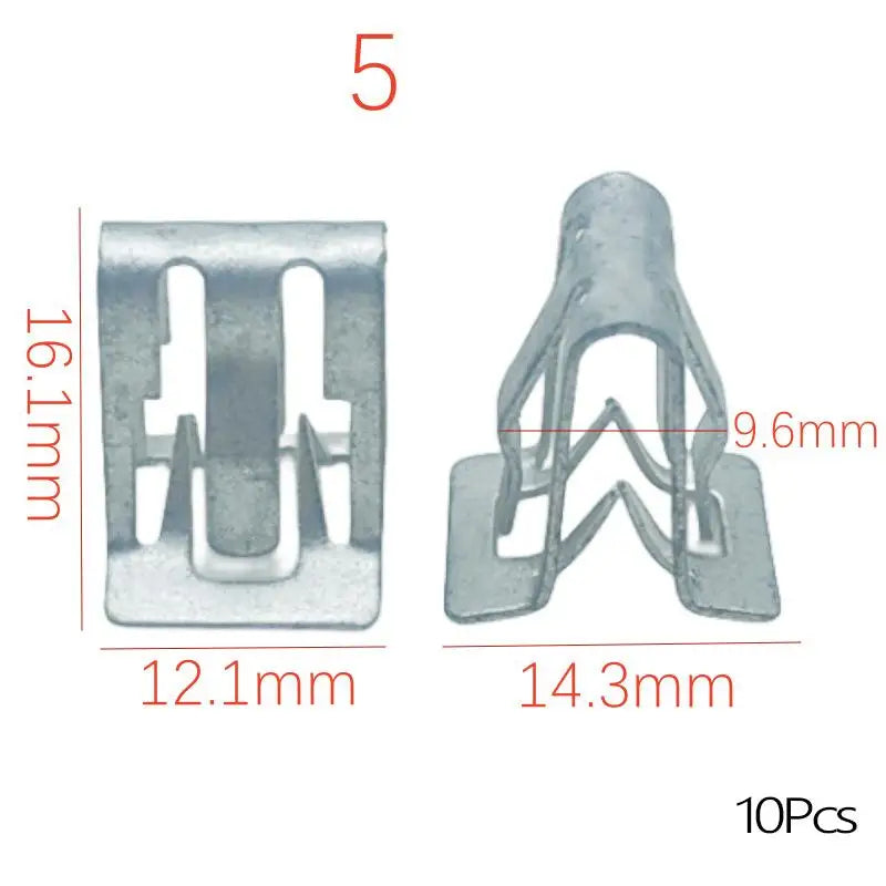 Five stainless steel dashboard retainer clips, measuring 16.1mm by 12.1mm and 14.3mm wide.