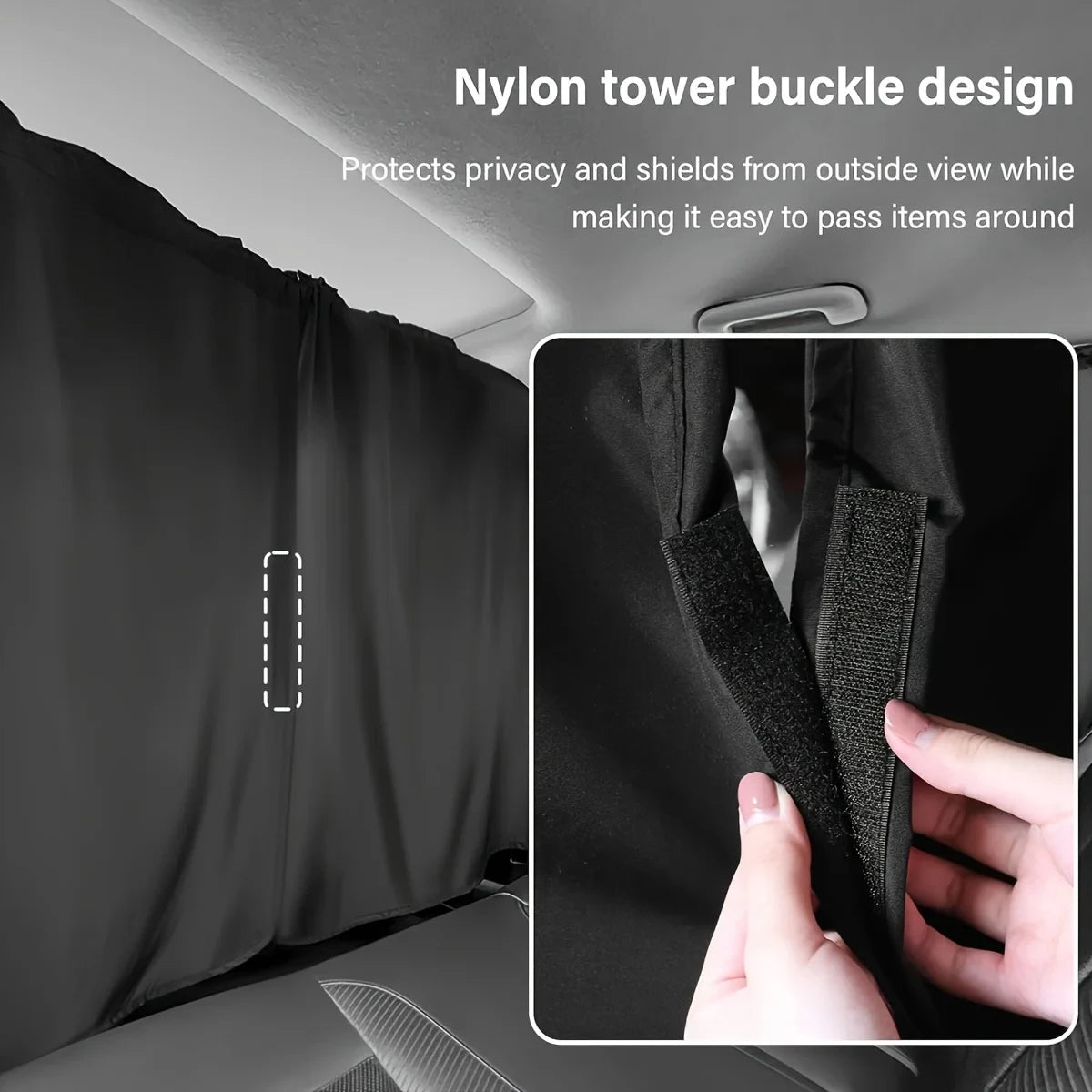 Close-up of a nylon tower buckle design on a black privacy curtain used to shield an outside view.