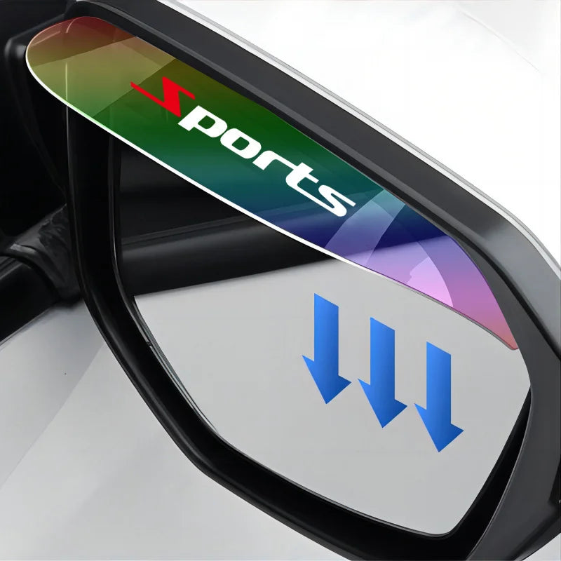 Flexible rain curtain for a car rearview mirror featuring a colorful sports design.