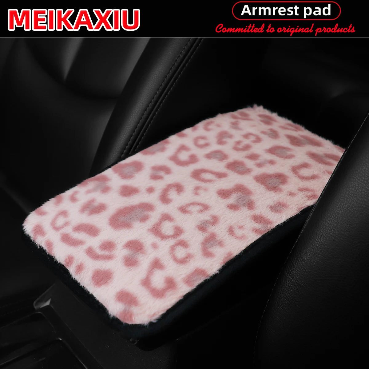Pink leopard print plush armrest pad cover for a car seat
