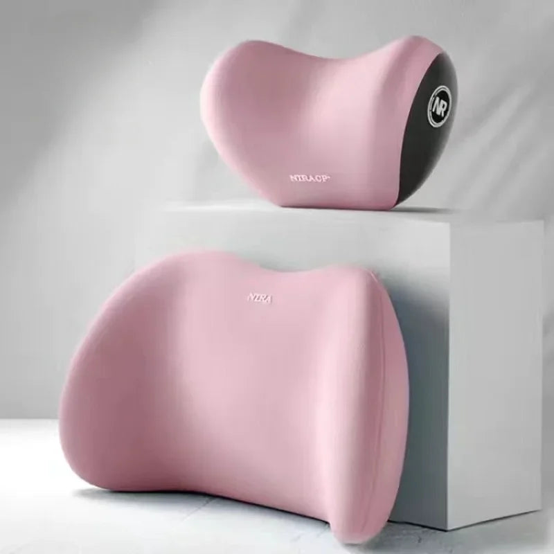 A pink universal car headrest neck support pillow is shown in a side view against a white background.