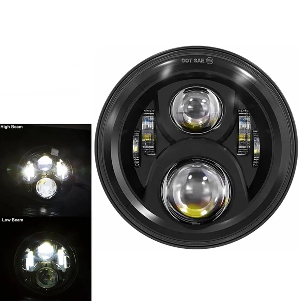 A black DOT SAE motorcycle headlight assembly showing high and low beam settings.