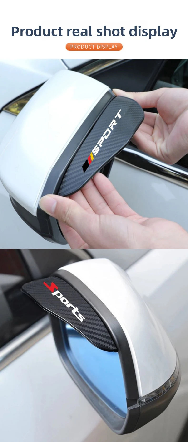 A hand holds a white and black sports rain deflector product designed for car side mirrors.