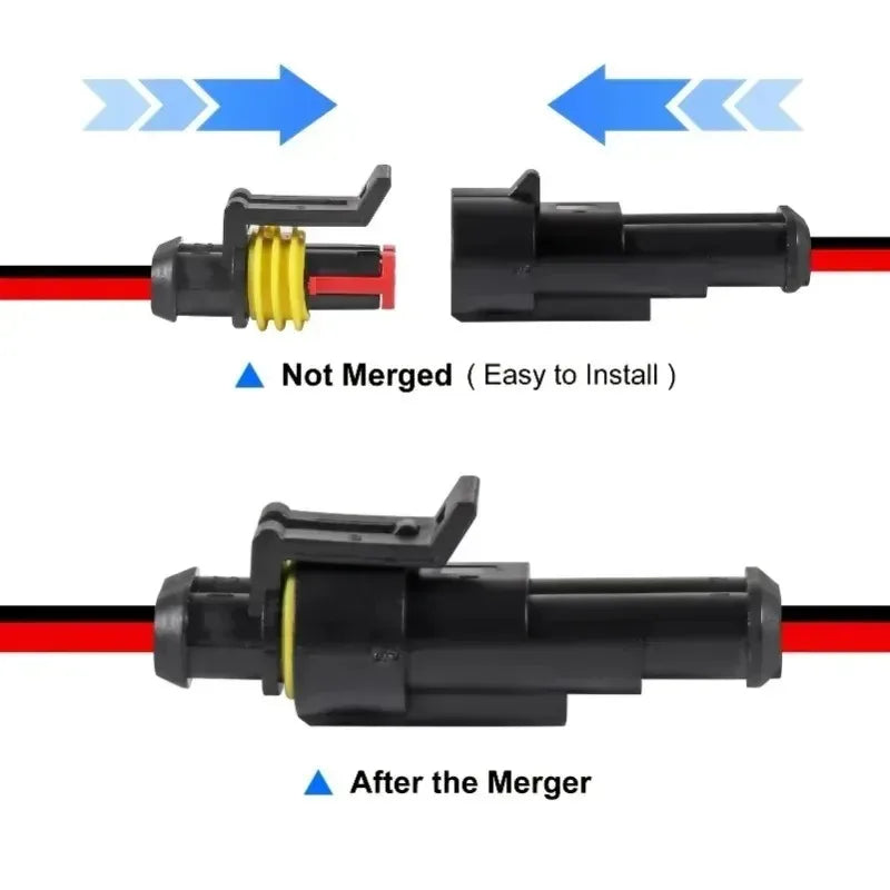 Comparison of two wire connectors, showing the difference between a non-merged and a merged version.