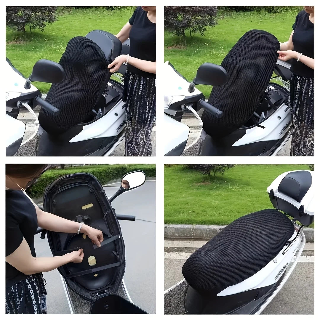 A person is installing a black 3D mesh motorcycle seat cover onto a white motorcycle seat.