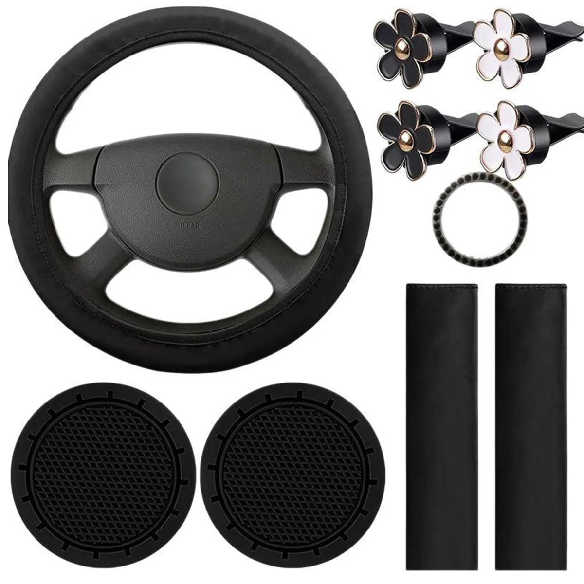Complete car interior accessory set including a black steering wheel cover and two comfort pads