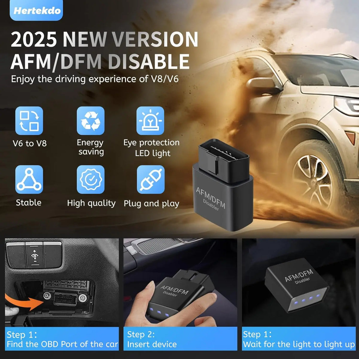 A black Active Fuel Management Disabler device is shown with instructions for installation and use in a vehicle context.