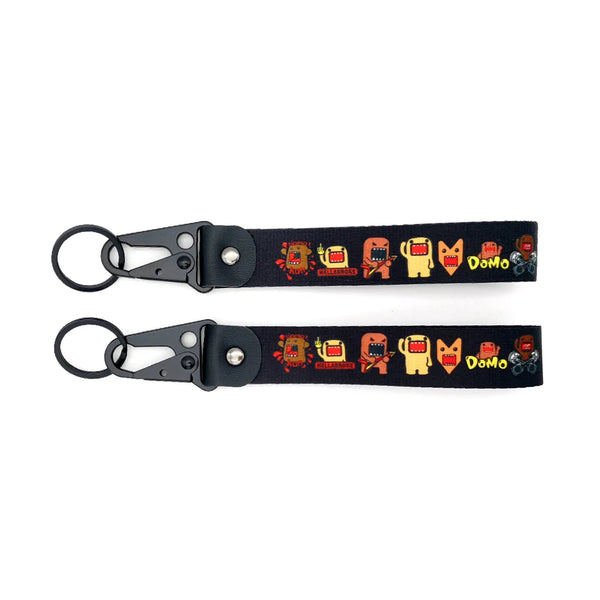 Black lanyard with anime car themed charms and a metal clasp.