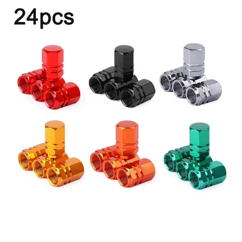 A set of 24 aluminum alloy tire valve caps in various colors including red, black, silver, and orange.