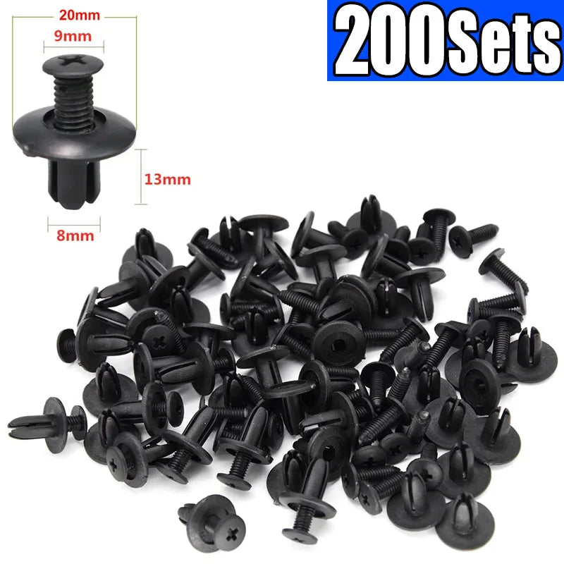 A pile of black 8mm plastic rivet fasteners for automotive and DIY projects.