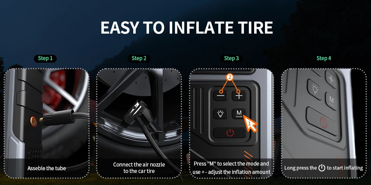 Step-by-step guide showing how to easily inflate a tire using the portable car jump starter and tire inflator device.
