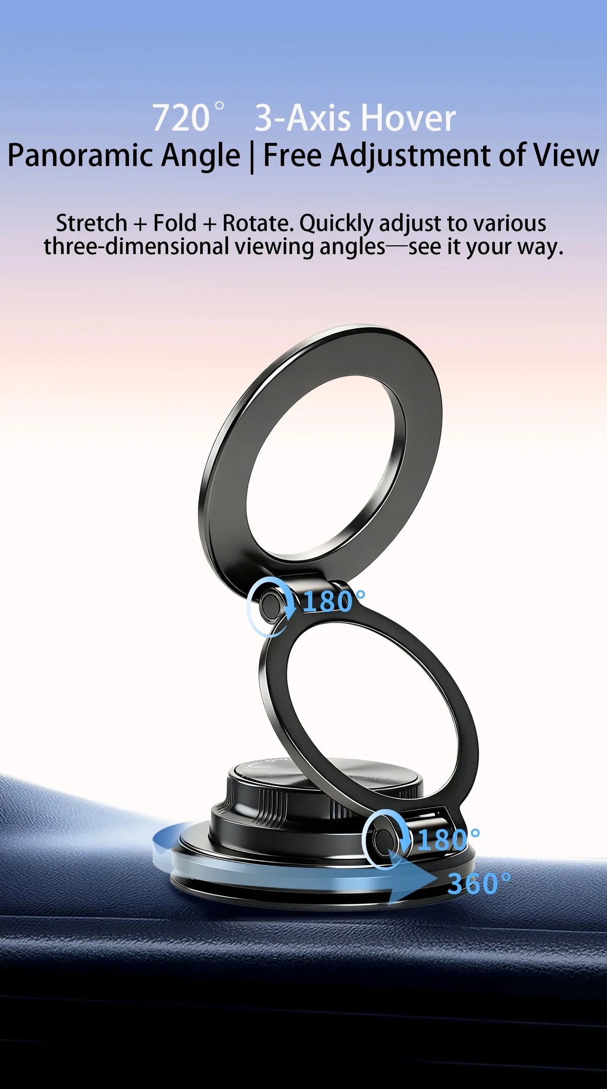 Support magnétique pour téléphone noir avec rotation à 360 degrés et angles de vision ajustables.