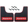 A pair of black rubber mud flaps with red sports branding and four small screws are shown.
