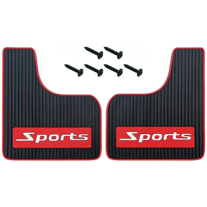 A pair of black rubber mud flaps with red sports branding and four small screws are shown.
