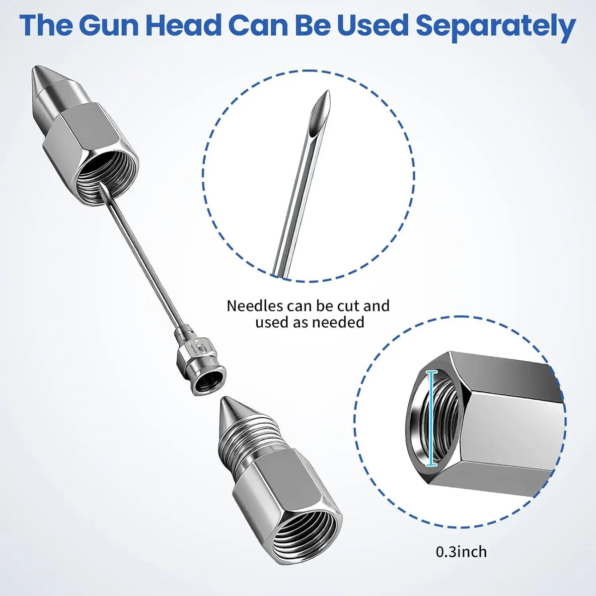 A grease gun needle and fitting kit showing a separate needle and a hexagonal fitting with an inch measurement.