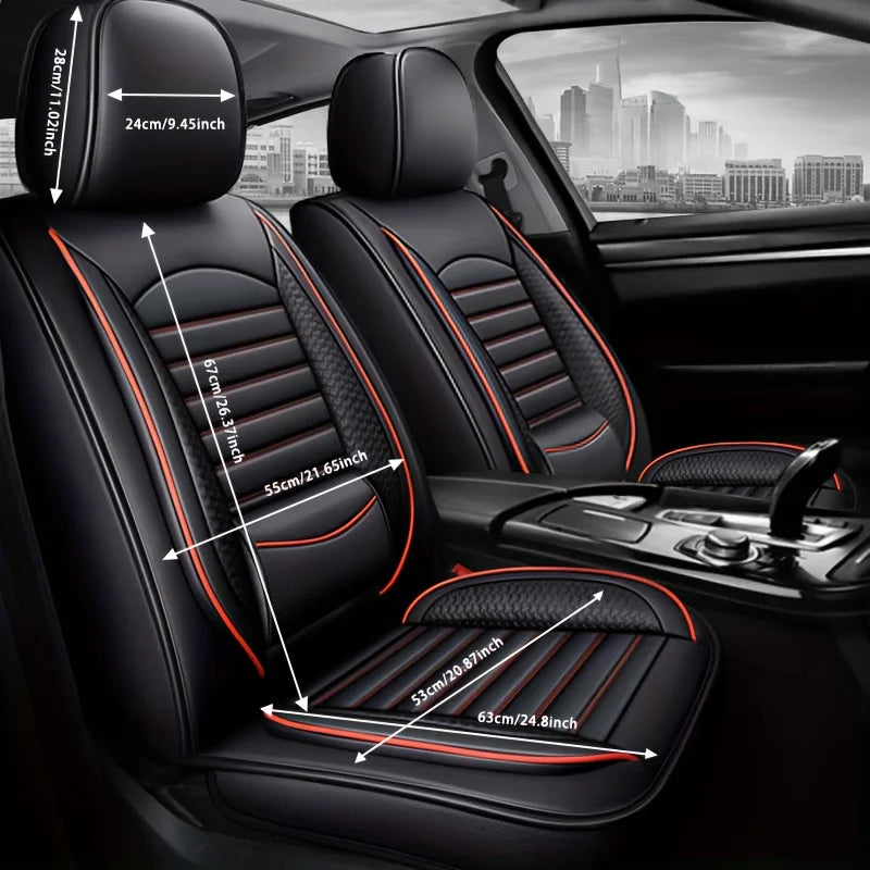 Black universal car seat covers installed in a vehicle interior, showing the seat and headrest.