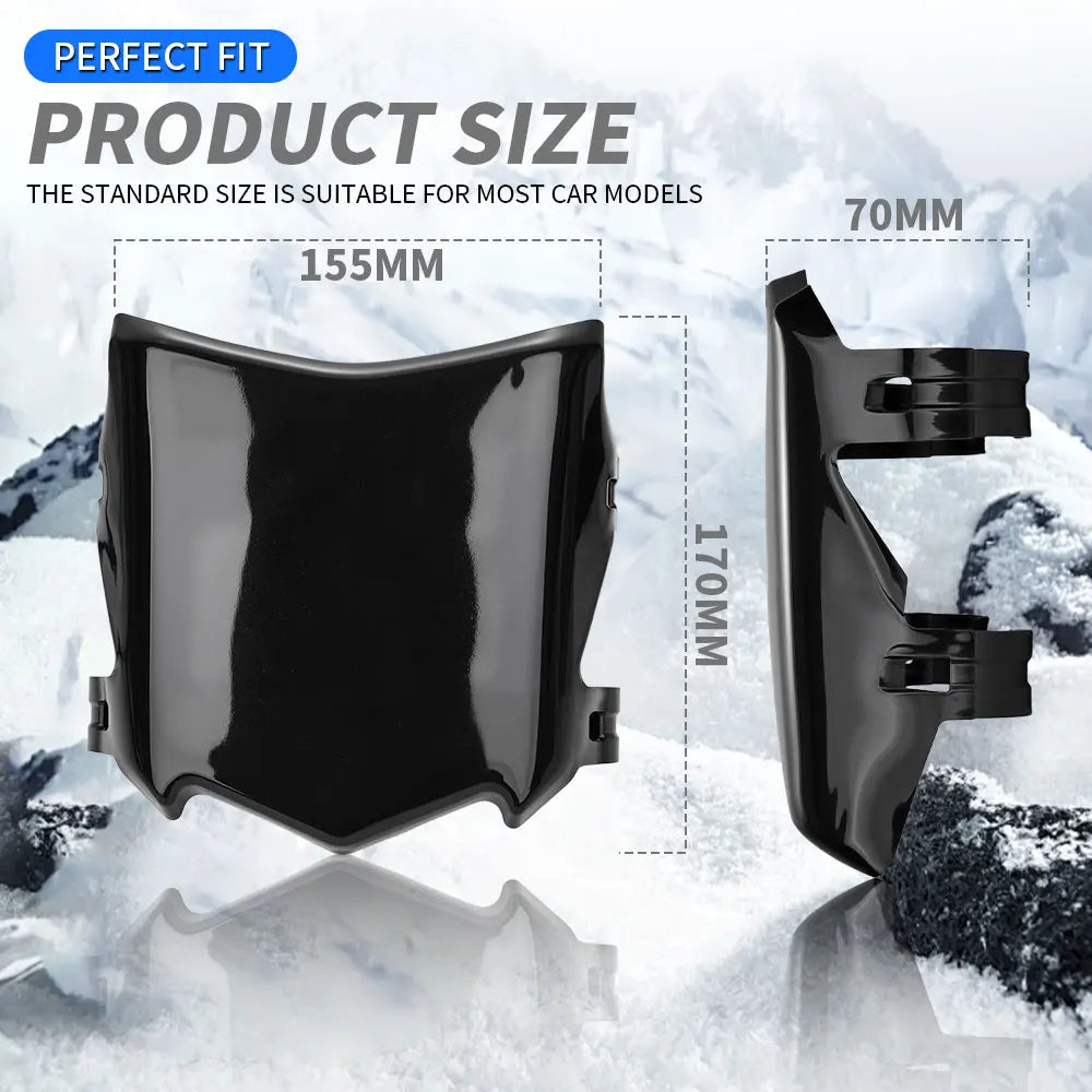Black motorcycle number plate cover with 70mm and 155mm dimensions shown against a snowy background