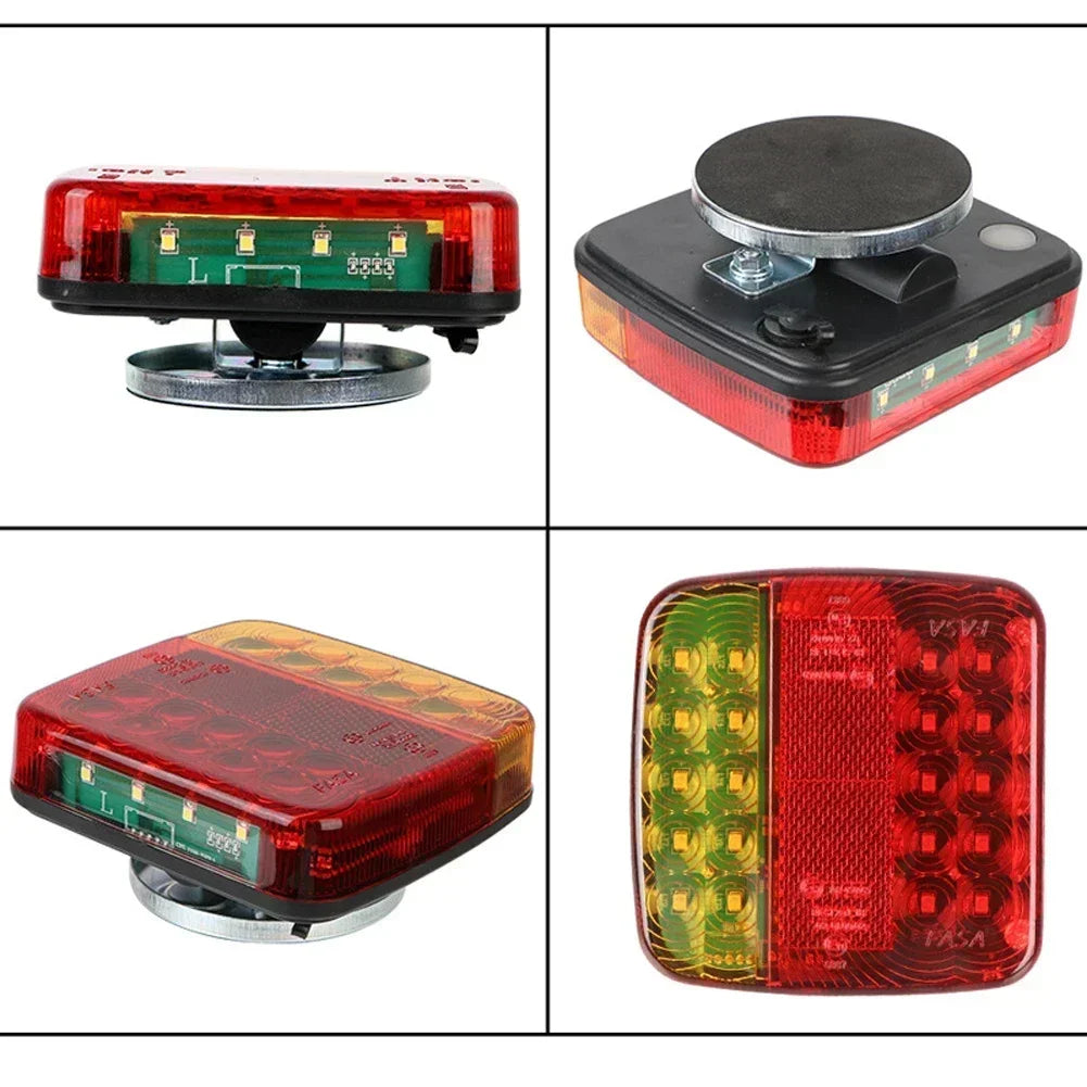 Ein Satz doppelter LED-Rückleuchten für LKW in verschiedenen Ansichten.