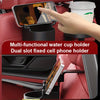 A multi-functional water cup holder and dual slot fixed cell phone holder installed in a car seat.