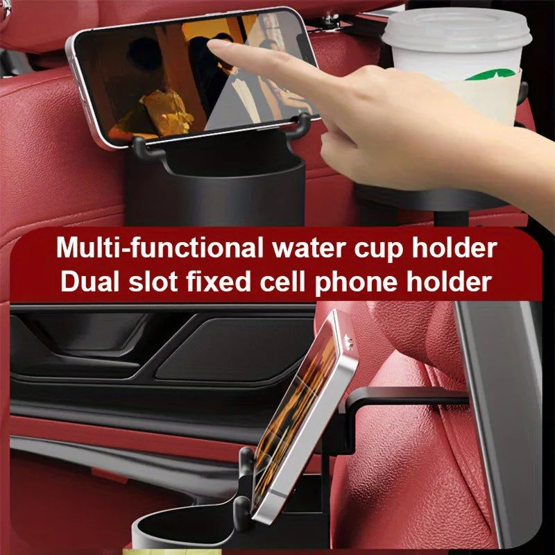 A multi-functional water cup holder and dual slot fixed cell phone holder installed in a car seat.