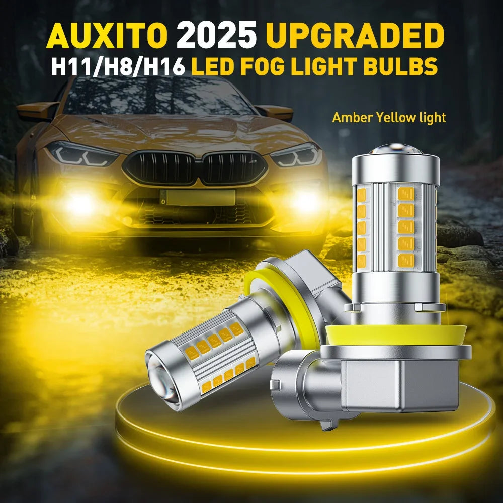 Upgrade H11/H8/H16 LED fog light bulbs shown next to a car headlight, emitting an amber yellow light.