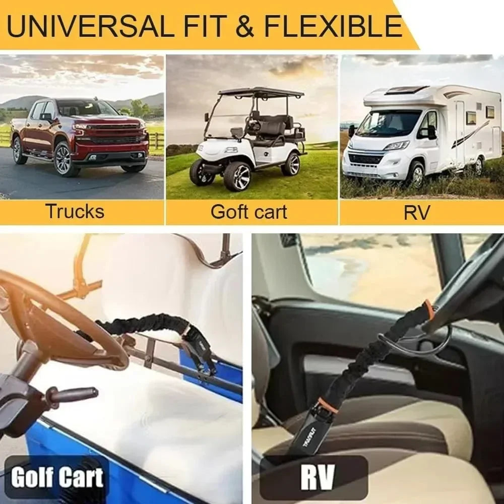 Various vehicles and a golf cart are shown alongside an RV, demonstrating the universal fit and flexibility of the anti-theft