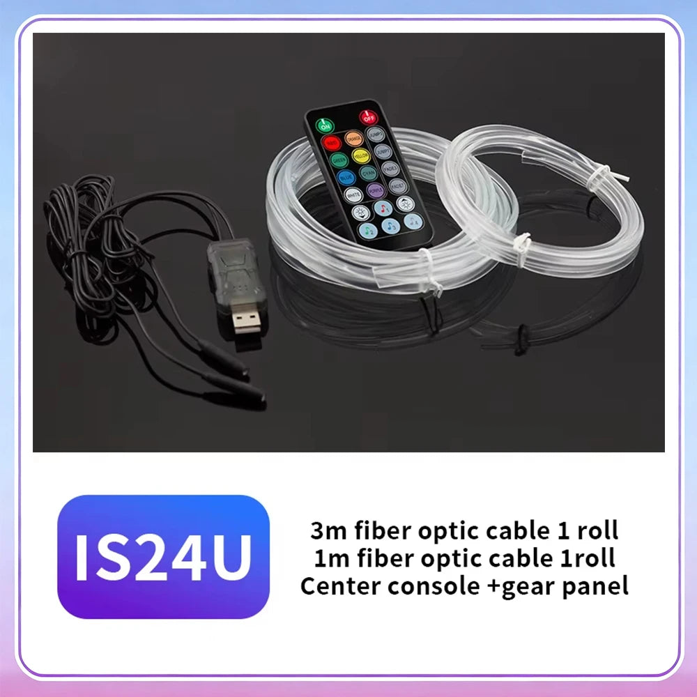 A roll of 3m fiber optic cable and a 1m fiber optic cable are shown next to a center console and gear panel.