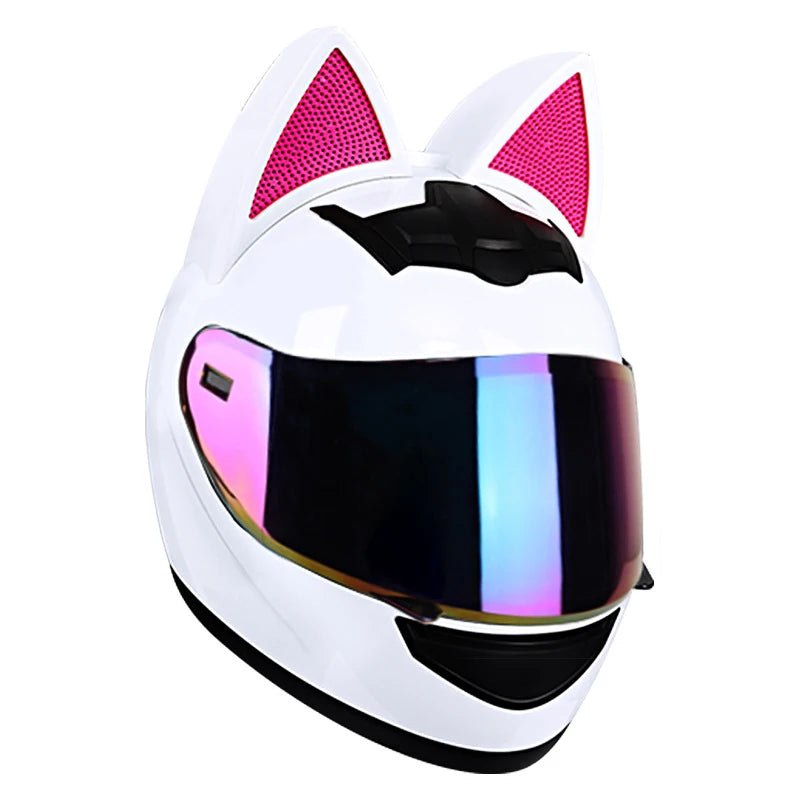 White full face motorcycle helmet with pink cat ears and a reflective visor
